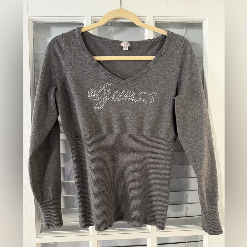 Guess Women’s Junior XL Gray Sparkle Logo Ribbed Waist Sweater | SKU 0266